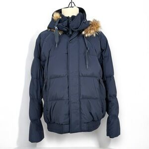 Marc New York Mens Coyote Fur Trim Down Jacket Bomber Winter Coat Navy XL